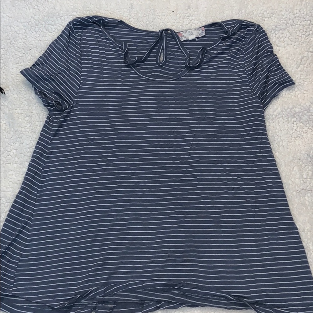 Blue and White Stripped T Shirt W Detail on Neck